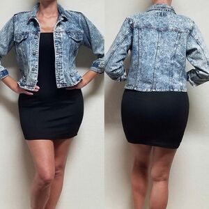 80s Vintage Mixed Blues Bodacious Acid Wash Denim Cropped Trucker Jacket S